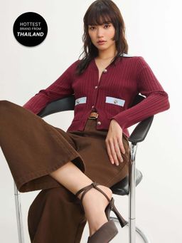 Pomelo - Contrast Collar Pocket Detail Ribbed Cardigan - Red