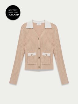 Pomelo - Contrast Collar Ribbed Pocket Cardigan - Beige