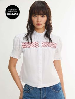 Pomelo - Smocked Puff Sleeve Button Blouse Shirt - White