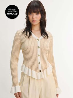 Pomelo - Ruffle Trim Ribbed Button Cardigan - Beige