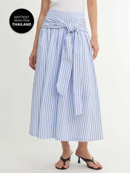 Pomelo - Striped Bow Waist Midi Skirt - Blue