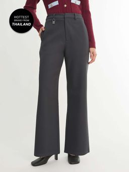 Pomelo - High Waist Wide Leg Pants - Dark Grey