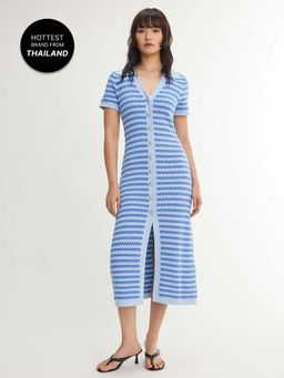 Pomelo - Striped Button Front Knit Polo Midi Dress - Aqua Blue