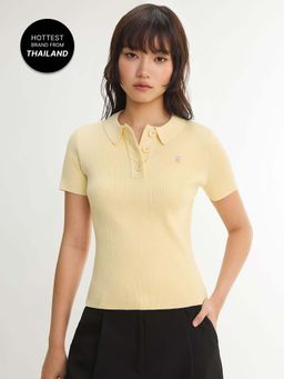 Pomelo - Button Collar Ribbed Knit Polo Top - Yellow