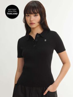 Pomelo - Ribbed Button Front Polo Knit Top - Black
