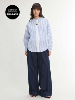 Pomelo - Asymmetric Stripe Button Detail Shirt - Blue