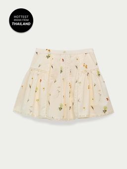Pomelo - Floral Lace Trim Flare Mini Skirt - Cream