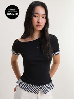 Pomelo - Gingham Trim One Shoulder Blouse Top - Black