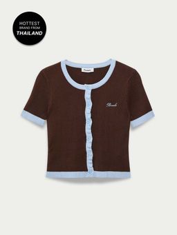 Pomelo - Contrast Trim Button Front Knit Top - Brown