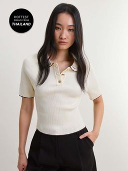 Pomelo - Contrast Trim Polo Knitted Top - Ivory
