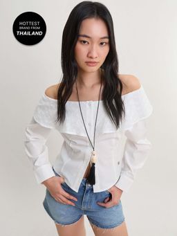 Pomelo - Pleated V Neck Button Blouse Top- White