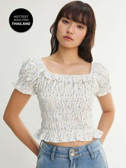 Pomelo - Pleated V Neck Long Sleeve Blouse Top- Ivory