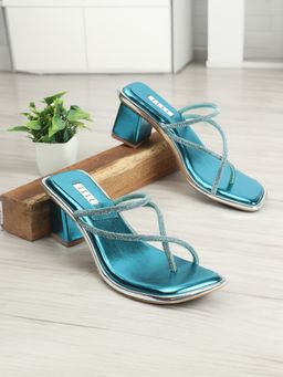 ELLE - Womens Block Heel Blue Color Slip On Sandals