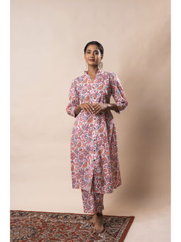 GulaboSitabo - White Front Slit Flared Cotton Printed Kurta with Pant (Set of 2)