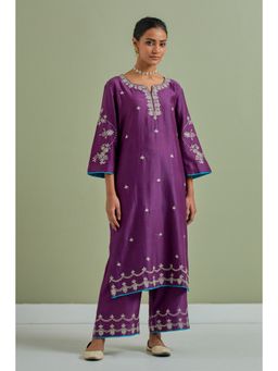 Priya Chaudhary - Purple Embroidered Chanderi Silk Kurta with Palazzo (Set of 2)