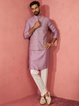 Vastramay - Lavender Silk Blend Regular Full Sleeves Kurta With Nehru Jacket & Pyjama