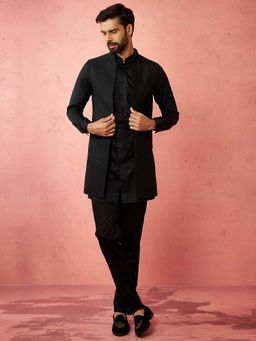 Vastramay - Black Satin Regular Full Sleeves Kurta With Jacket & Pyjama