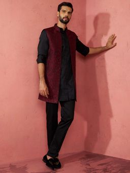 Vastramay - Maroon Satin Regular Full Sleeves Kurta With Jacket & Pyjama