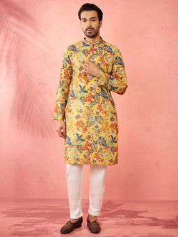Vastramay - Mustard Cotton Linen Regular Full Sleeves Kurta With Pyjama