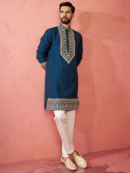 Vastramay - Teal Chanderi Regular Full Sleeves Kurta With Pyjama