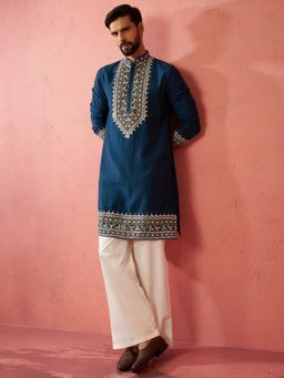 Vastramay - Teal Chanderi Regular Full Sleeves Kurta With Pant