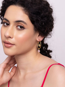 Indya - Gold Pink Stone Irregular Hoop Dangler Earrings