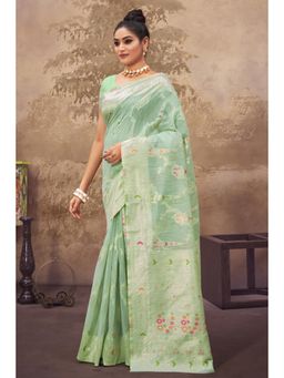Sangam Prints - Light Green Cotton Silk Woven Zari Work Traditional Saree with Unstitched Blouse
