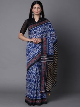 Akhilam - Womens Silk Cotton Navy Blue Printed Celebrity Saree with Unstitched Blouse