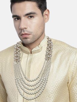 OOMPH - White Pearls & Kundan Jewellery for Groom Five Line Dulha Moti Mal Haar for Men