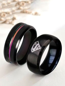 OOMPH - Combo of 2 Black Stainless Steel Ring Bands For Men & Boys
