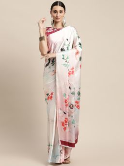 VAIRAGEE - Ivory Floral Printed Saree with Unstitched Blouse