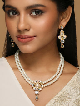 Azai by Nykaa Fashion - White and Gold Kundan Beaded Long Jewellery Set of 2