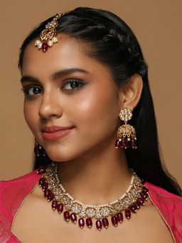 Azai by Nykaa Fashion - Gold and Maroon Kundan Necklace Earrings and Maangtikka Jewellery Set of 3