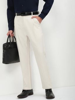 SHOWOFF - Men Cream Solid Slim Fit Formal Trouser