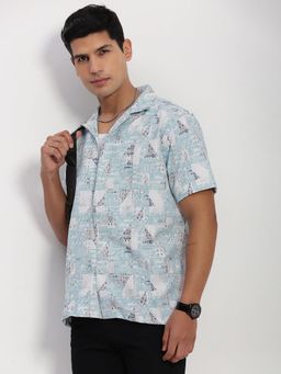 SHOWOFF - Men Blue Abstract Cuban Collar Relaxed Fit Shirt