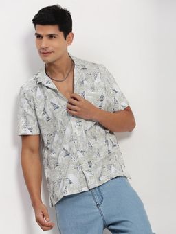 SHOWOFF - Men Grey Abstract Cuban Collar Relaxed Fit Shirt