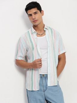 SHOWOFF - Men White Multi Color Stripes Slim Fit Shirt