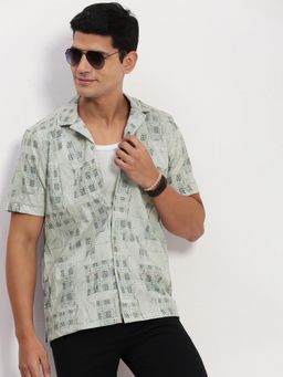 SHOWOFF - Men Grey Geometric Cuban Collar Relaxed Fit Shirt