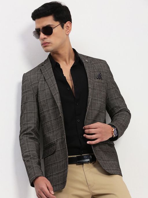 SHOWOFFFF Men Grey Checked Single Breasted Blazer
