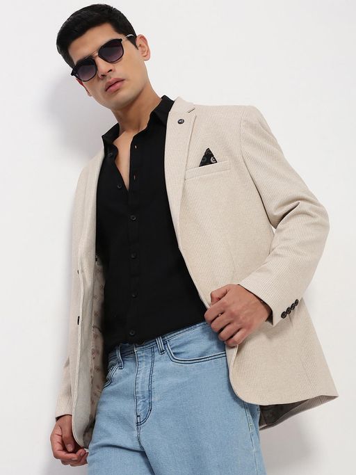 SHOWOFFFF Men Cream Textured Single Breasted Blazer