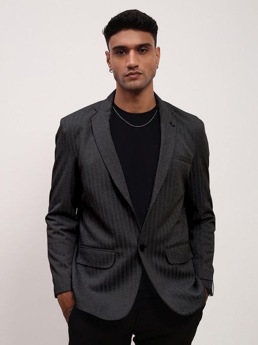 SHOWOFFFF Men Charcoal Self Design Single Breasted Blazer