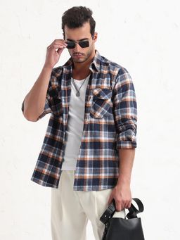 SHOWOFF - Men Navy Blue Checked Slim Fit Shacket
