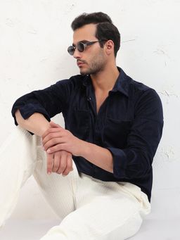 SHOWOFF - Men Navy Blue Solid Slim Fit Shacket