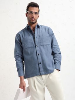 SHOWOFF - Men Blue Solid Slim Fit Shacket
