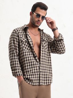 SHOWOFF - Men Beige Checked Slim Fit Shacket