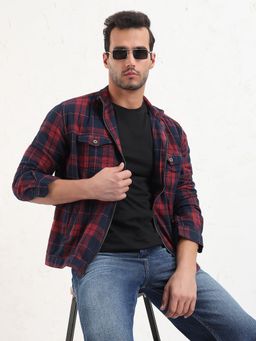 SHOWOFF - Men Red Checked Slim Fit Shacket