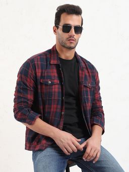 SHOWOFF - Men Red Checked Slim Fit Shacket