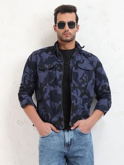 SHOWOFF - Men Navy Blue Camouflage Slim Fit Shacket