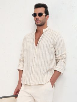 SHOWOFF - Men Cream Mandarin Collar Striped Slim Fit Shirt