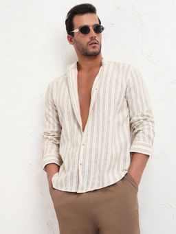 SHOWOFF - Men Cream Mandarin Collar Striped Slim Fit Shirt